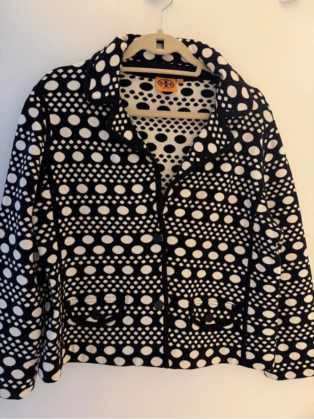 Tory Burch Elijah Polka Dot Knit Jacket Women's Blazer Black & White XL